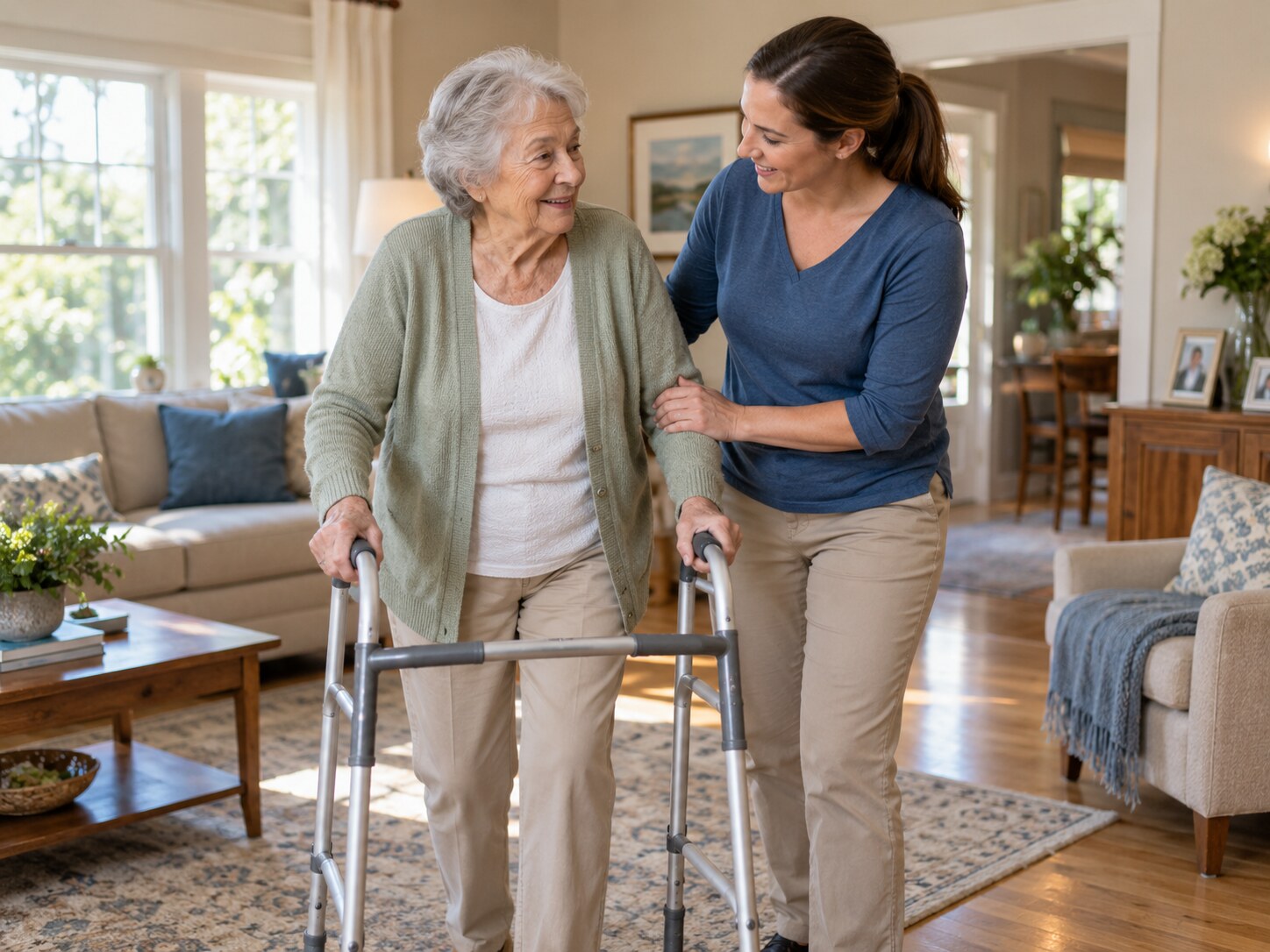 A caregiver helping an older woman move safely through her home